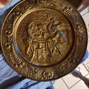Vintage Brass Wall Hanging Trays With Colonial Pub Scenes